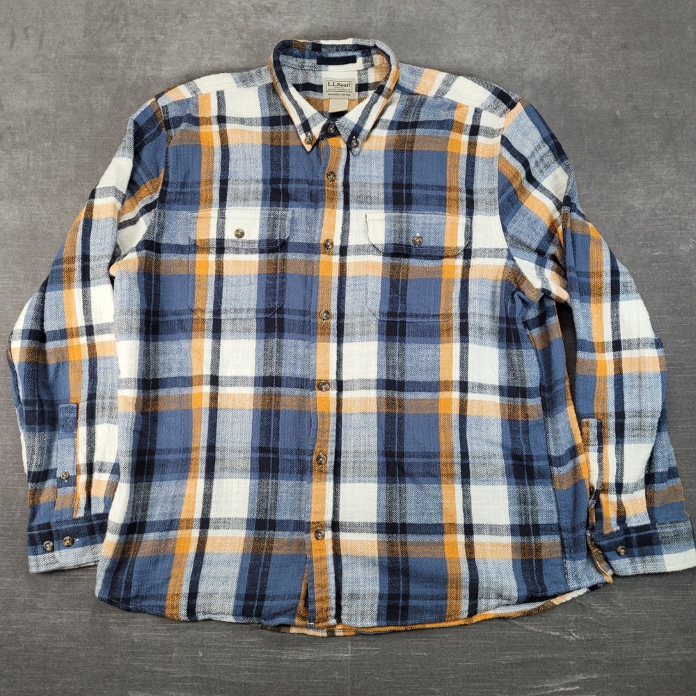 LL Bean Y2K Mens XL Flannel Shirt Blue Orange Plaid Slightly Fitted Cotton